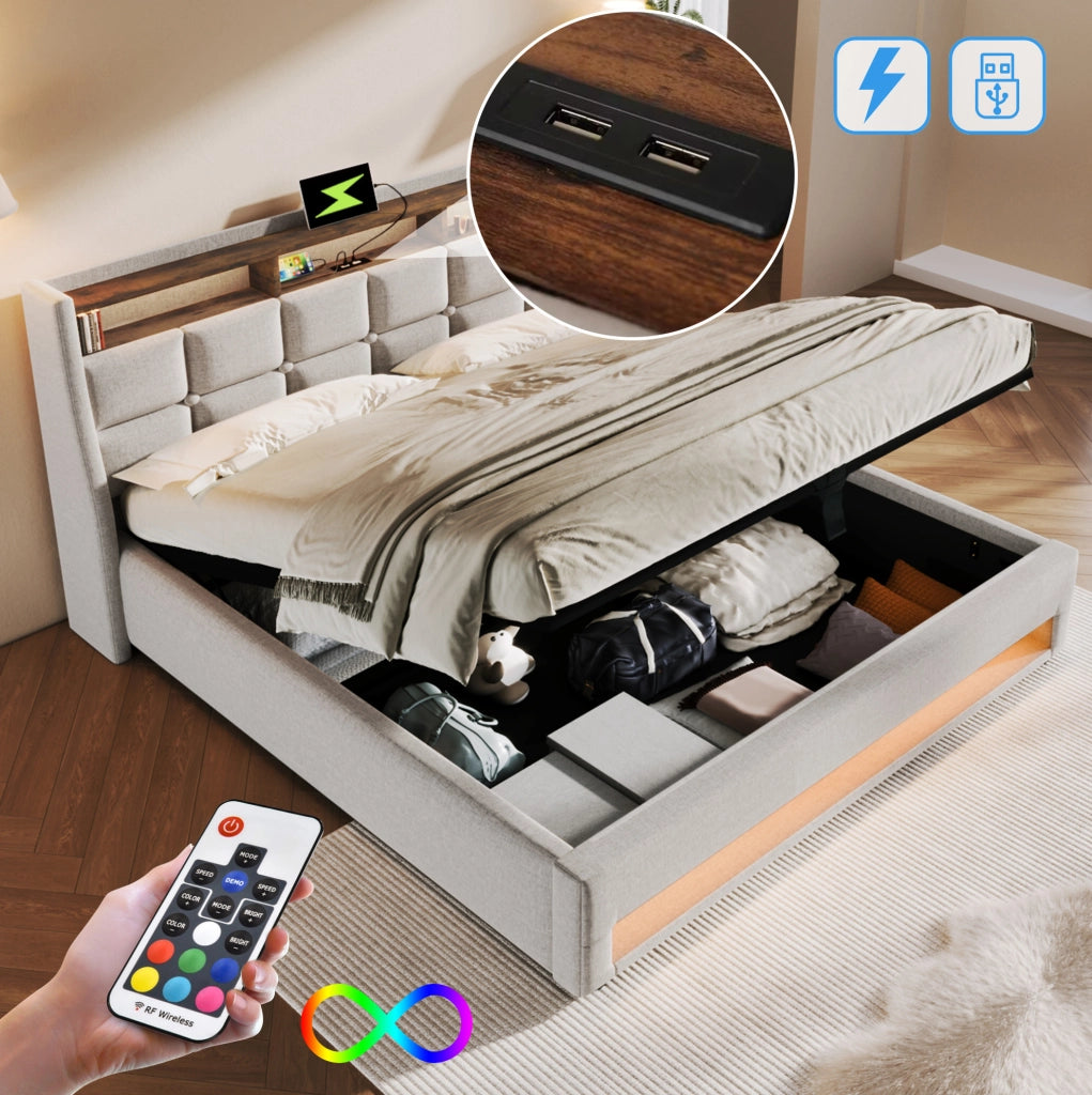 Letto imbottito contenitore 180x200 cm con LED; USB e rete a doghe; rivestimento in lino beige
