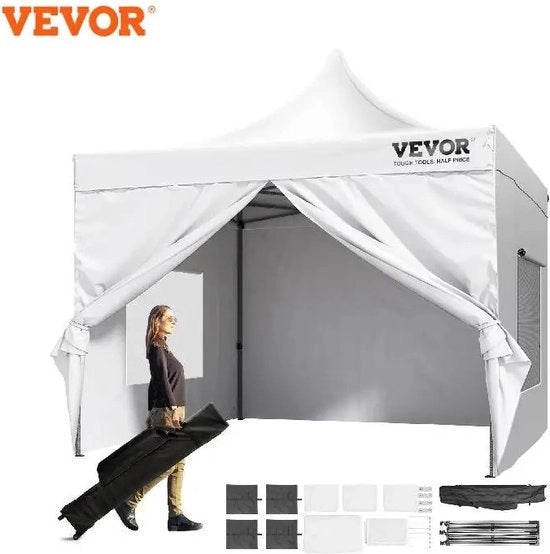 Pavilione da Festa 3x3 m - Pareti Laterali - Easy Up - Ripiegabile - Impermeabile - Borsa da Trasporto con Ruote - Bianco