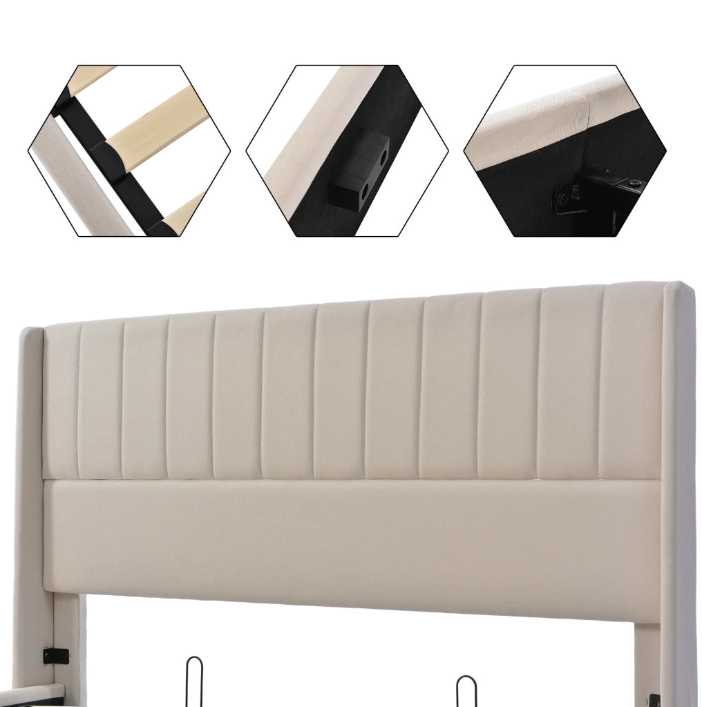 Letto matrimoniale contenitore idraulico 140x200 cm con rete a doghe; lino beige