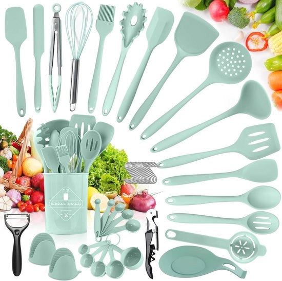 Set di Cottura in Silicone - Utensili da Cucina Resistenti al Calore con Supporto per Oggetti da Utilizzo - Salutari e Antiscivente