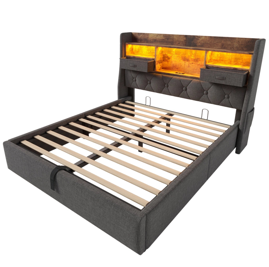 Letto contenitore ULEVR 160x200 cm con LED, 3 USB e Type-C, testiera con ripiani e cassetto, lino grigio