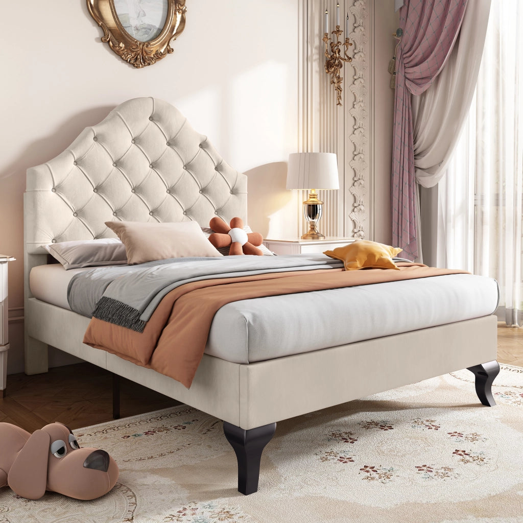 OKWISH Letto Singolo 90×200 cm, Letto per Ragazzi con Testiera Regolabile in Altezza e Rete a Doghe, senza Materasso, Velluto, Beige