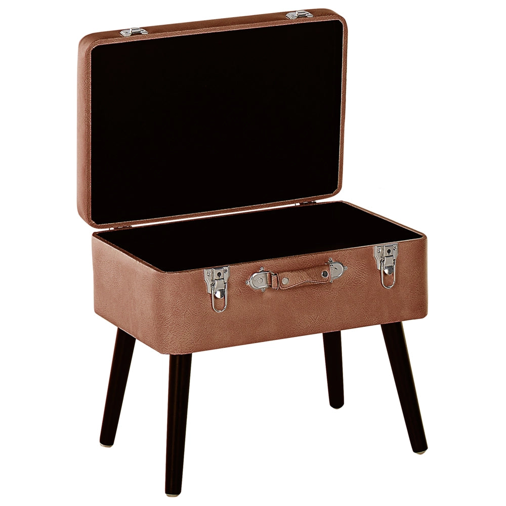 Comodino Sgabello Contenitore gambe nere imbottite in ecopelle marrone design a valigia con bottoni