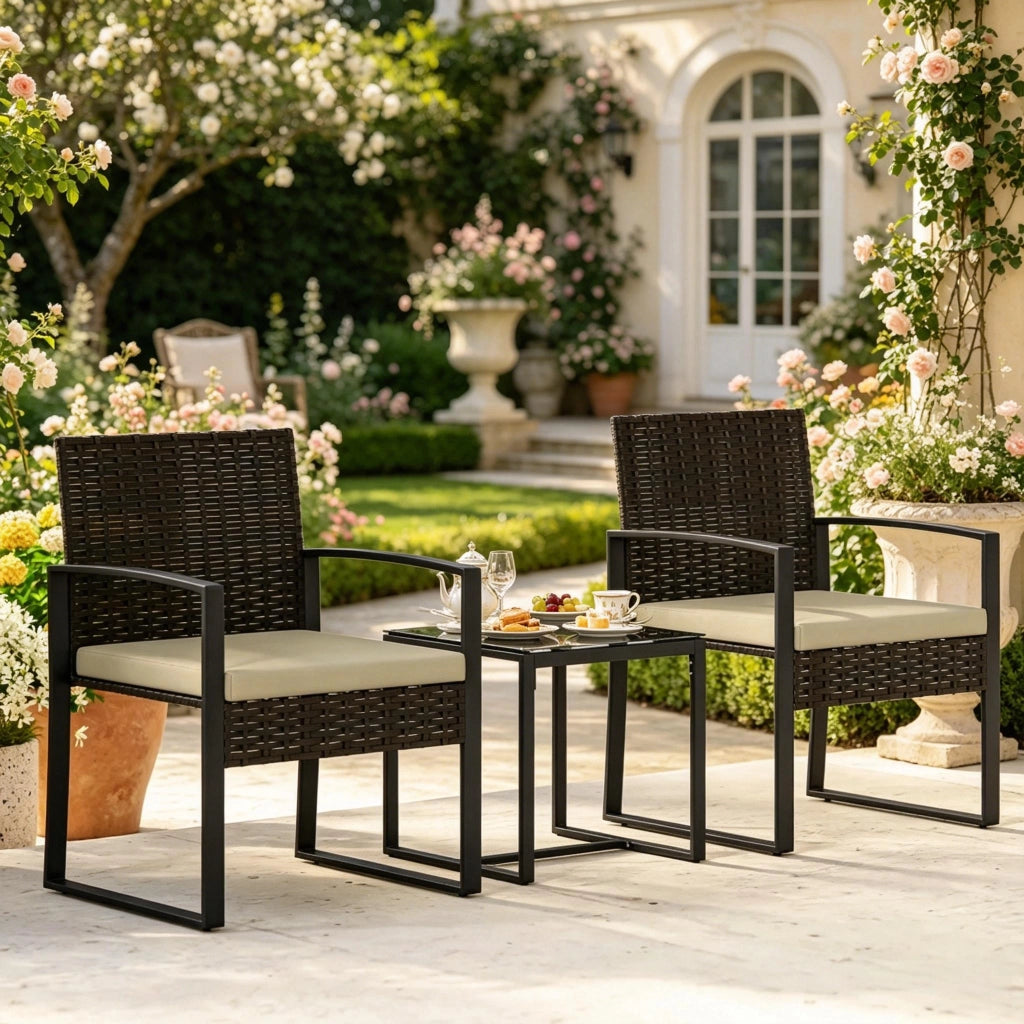 SET GARDINO Tavolo bistrot 40x40 cm con 2 sedie e 2 cuscini in rattan PE nero/marrone
