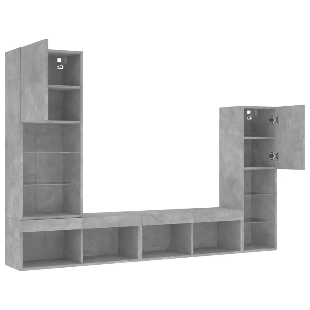 Mobili TV a Muro con LED 4pz Grigio Cemento Legno Multistrato