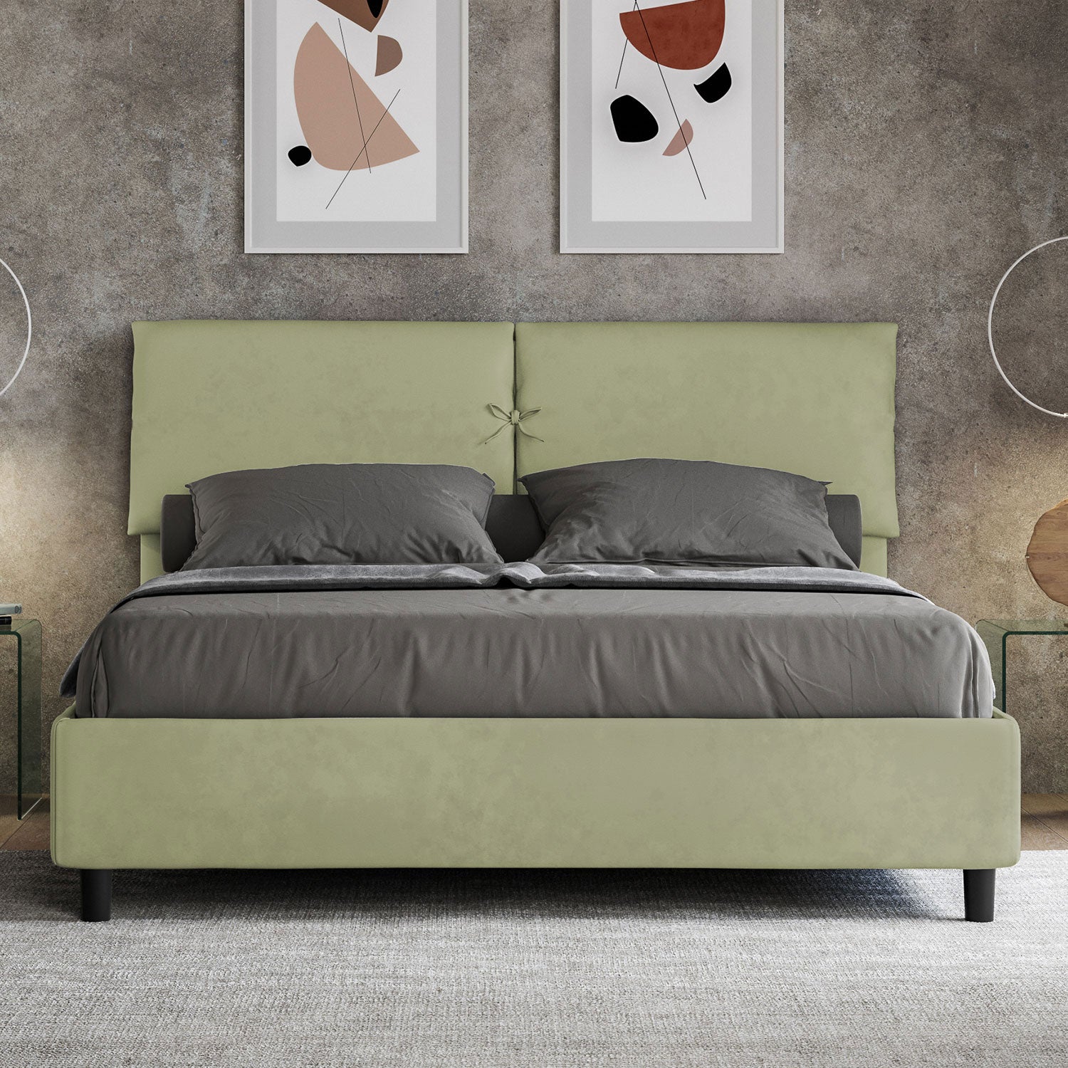 Letto Matrimoniale 160x210 cm con Rete e Contenitore con Testata e Alzata Comoda Imbottito in Microfibra Mados Tè Verde