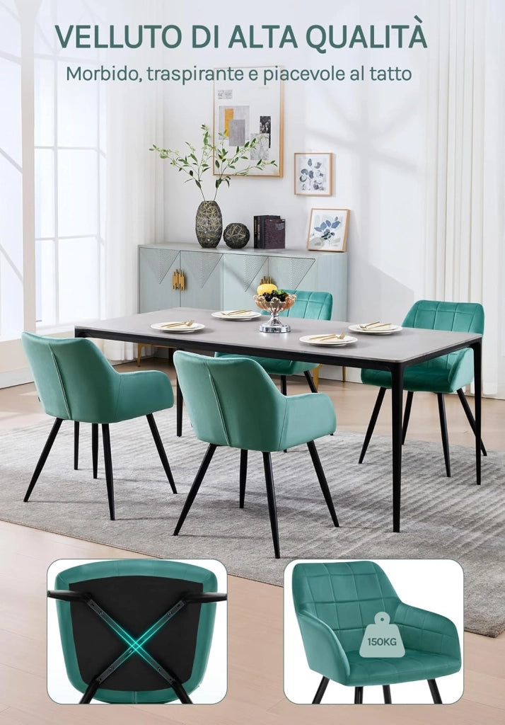 Sedia per Sala da Pranzo Imbottita, Poltroncina in Velluto,Sedia da Cucina con Braccioli e Schienale, Gambe in Metallo, moderne,Azzurro, BH93ts-1
