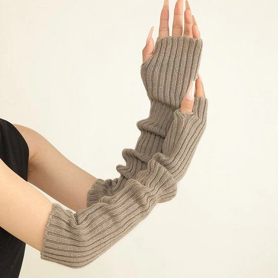 Mouw invernale calda per donne, lunghe sciarpe di lana intrecciata senza dita con fori per il pollice, colore grigio