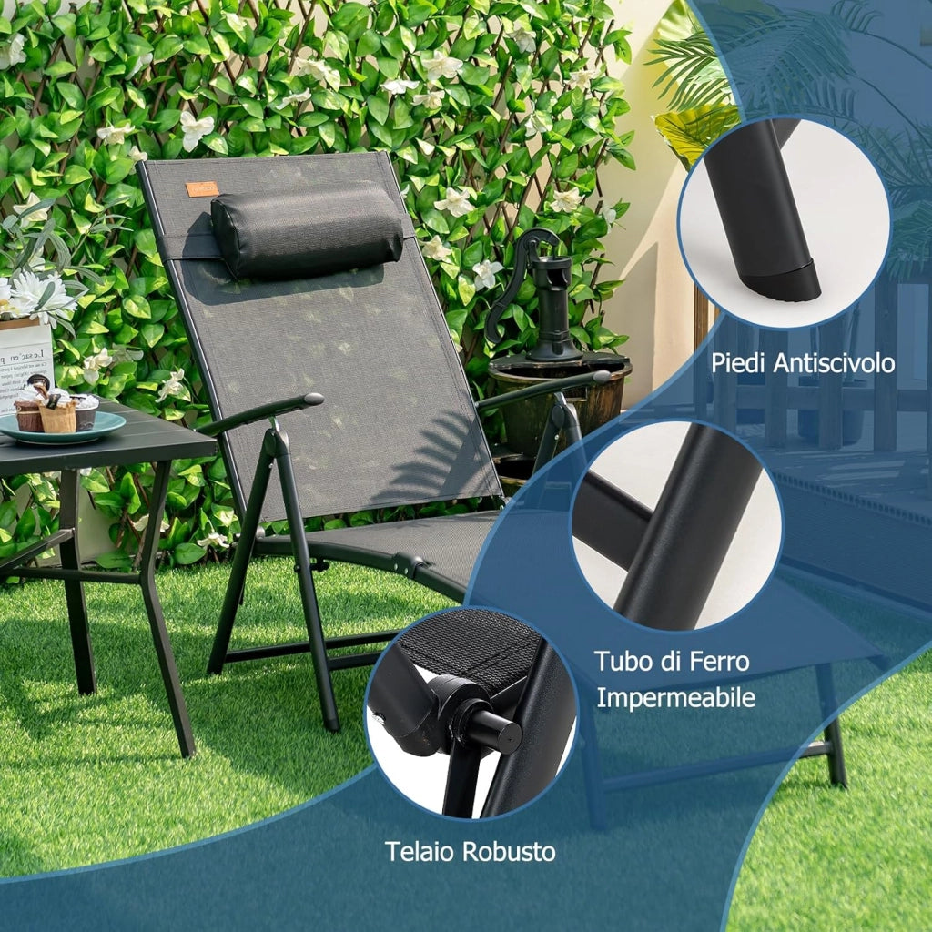 Lettino Prendisole Pieghevole, Schienale Regolabile in 7 Posizioni, Sdraio da Giardino in Textilene con Braccioli, Poggiatesta, Capacità di 150 kg, 142 x 61 x 103 cm (nero)