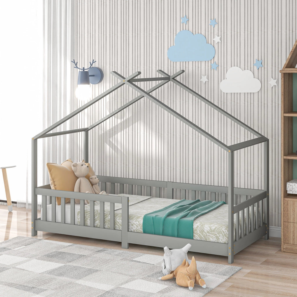 Letto Casetta per Bambini in Legno Massello con Doghe e Sponde ¨C MINIMAL ¨C Grigio 90x200