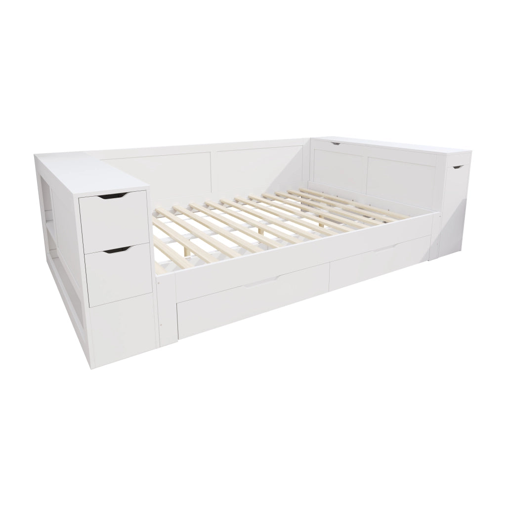Letto contenitore in legno MDF 140x200 cm bianco, daybed multifunzionale con cassetti, ripiani e comodino, senza materasso