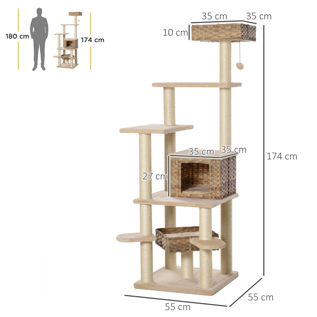 Albero per gatti a pi¨´ livelli con tana ¨C Minimal ¨C MDF sisal beige e marrone 55x55x174