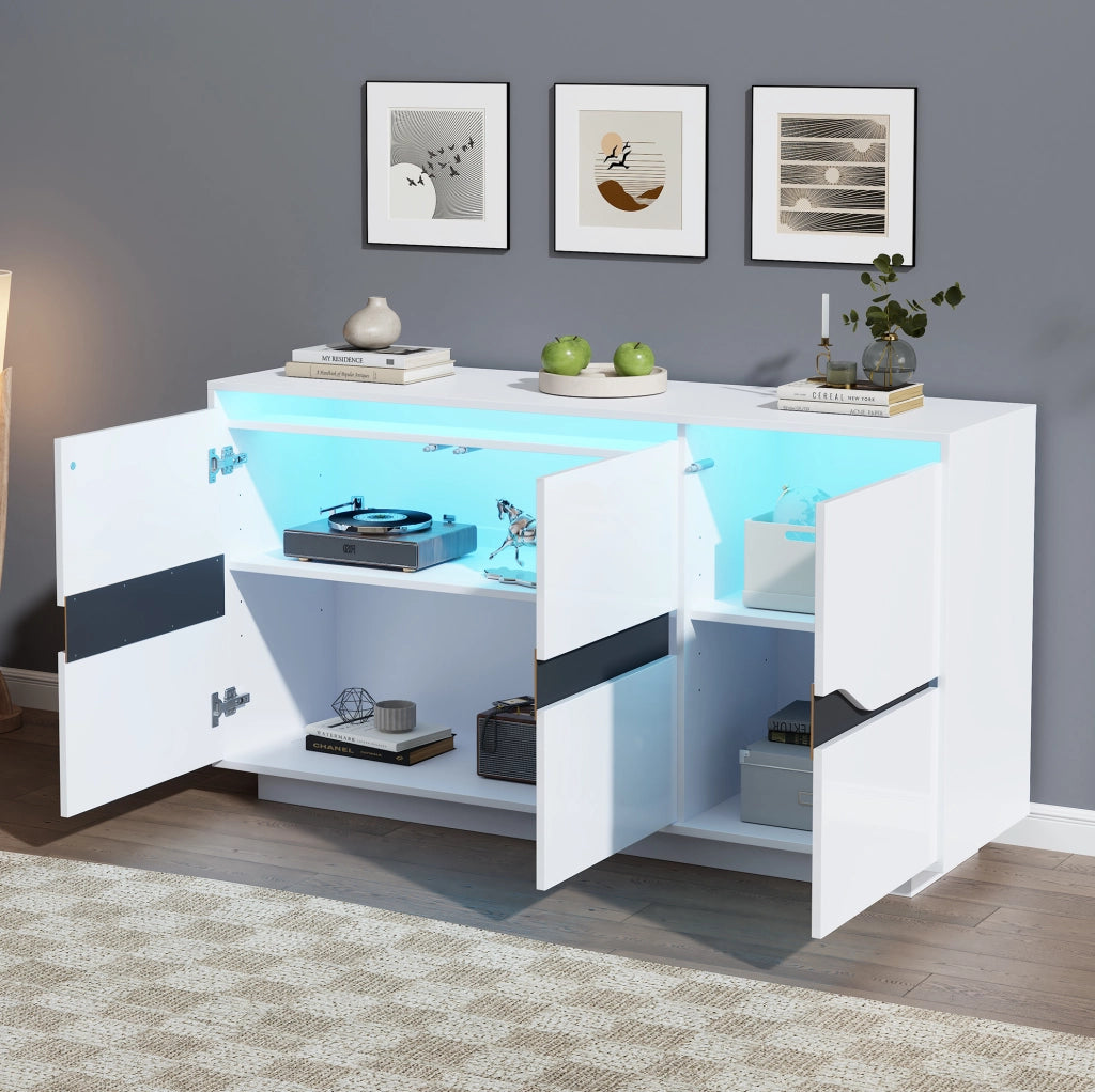 Credenza ULEVR 140x40x70 cm con 3 ante, 5 ripiani regolabili e LED USB, bianco e nero