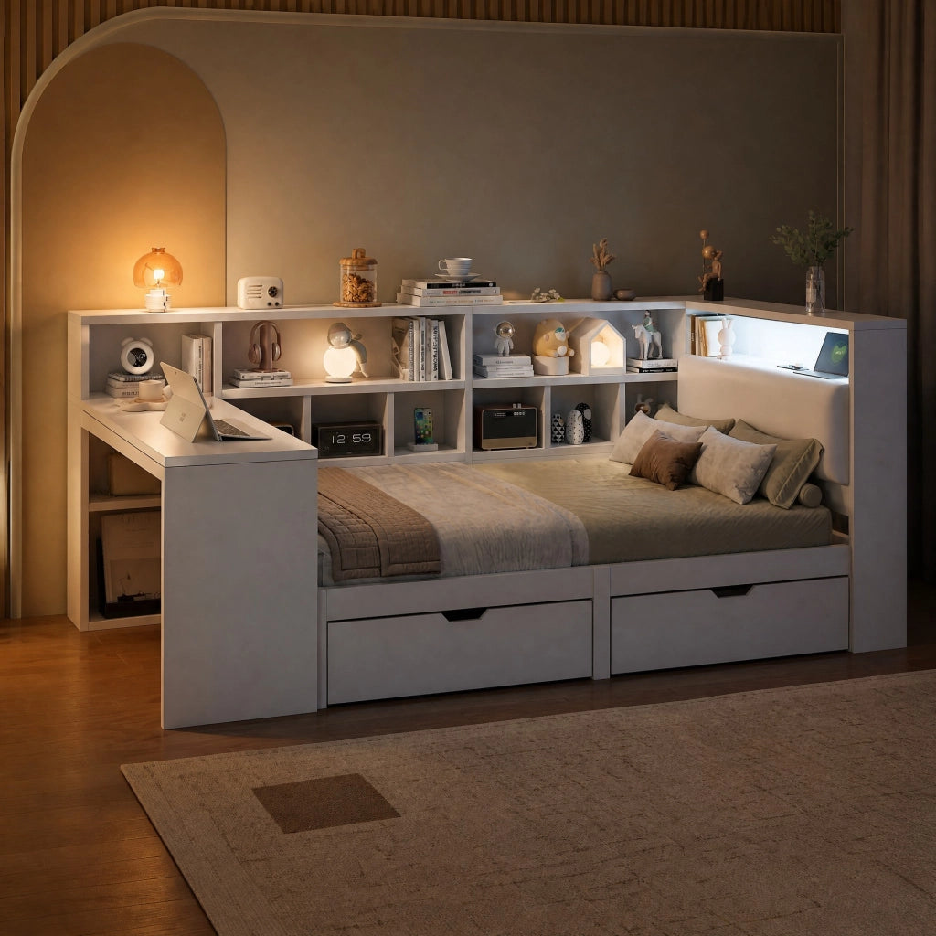 LETTO L-forma 90x200 cm Bianco con scrivania integrata e libreria