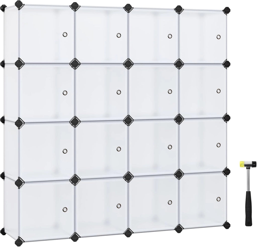 SONGMICS Armadio a 16 Cubi, Portaoggetti Organizzatore, Armadietto Mobiletto con Ante, per Abiti Scarpe Libri, Facile da Assemblare, Bianco LPC44BS