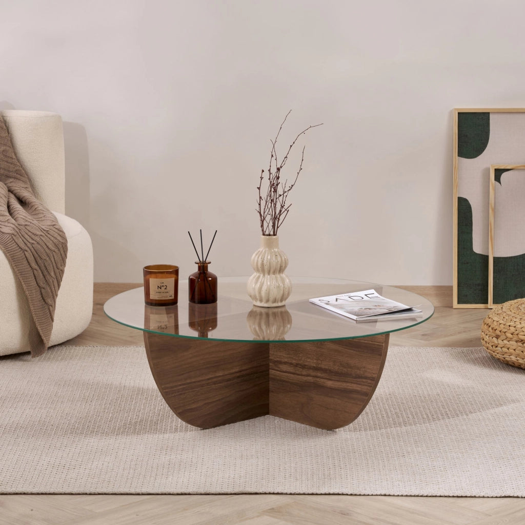 Tavolino in vetro "Liya" 90 x 90 x 30 cm - Noce