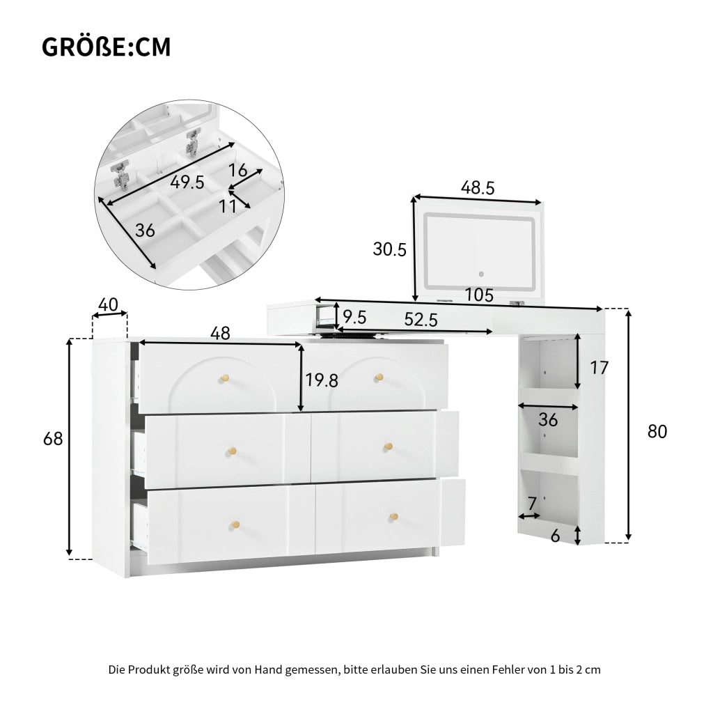Toeletta girevole con specchio LED e 7 cassetti bianca