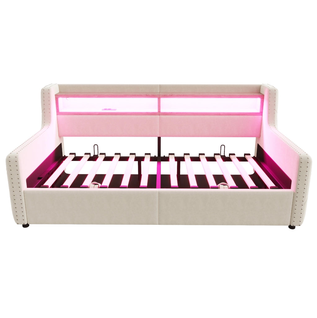 Letto imbottito 90x200 cm con contenitore, LED e testiera multifunzione