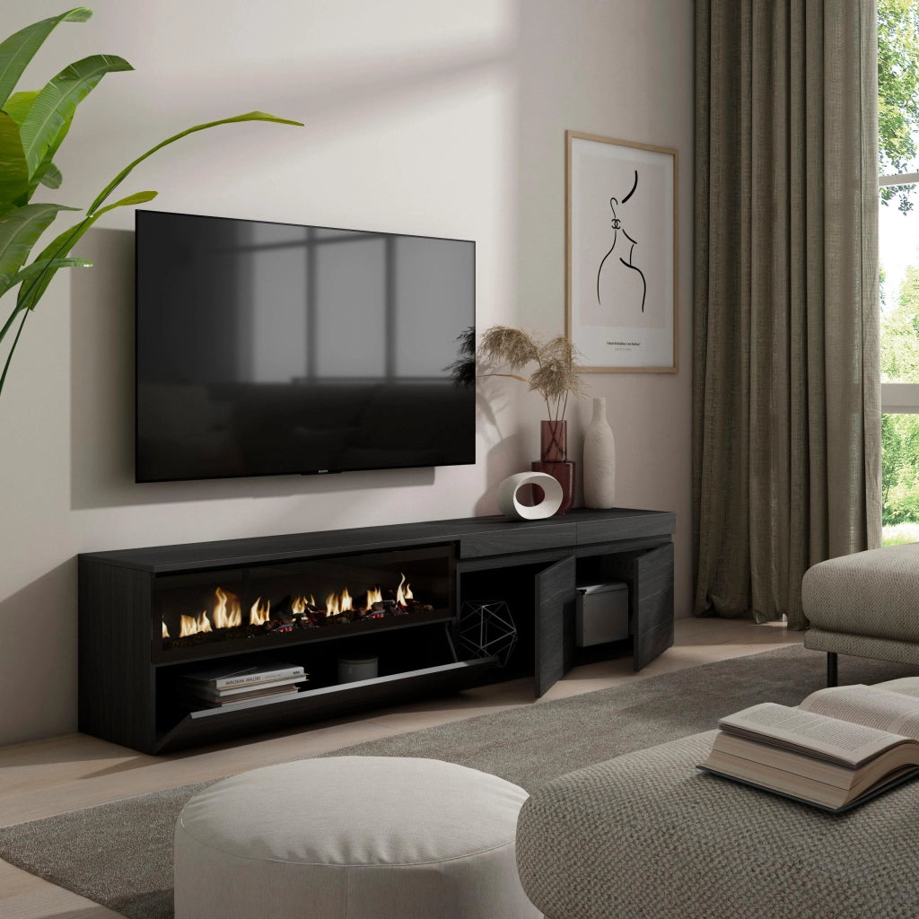 Mobile TV, 200x35x45cm, soggiorno, Per TV fino a 80", Camino elettrico, Nero RF2181