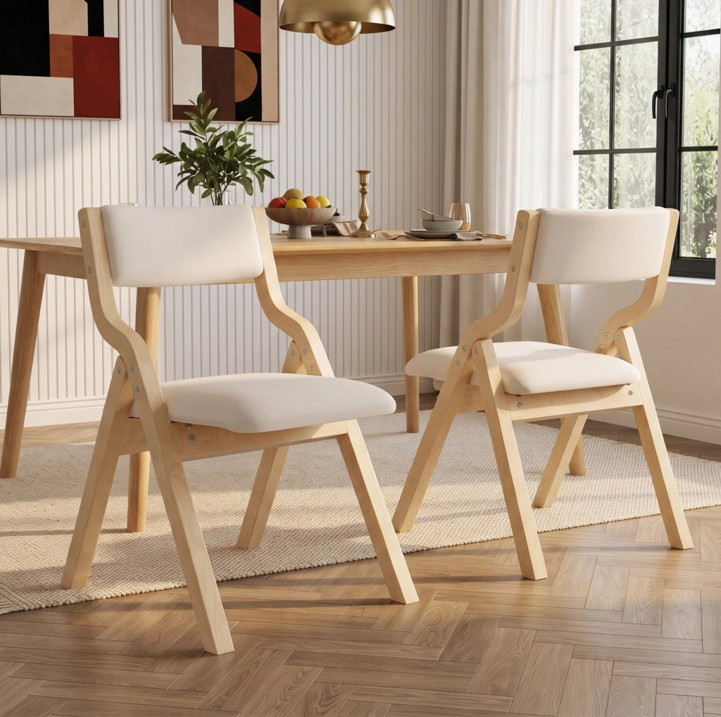 Set di 2 sedie pieghevoli imbottite in legno e lino beige