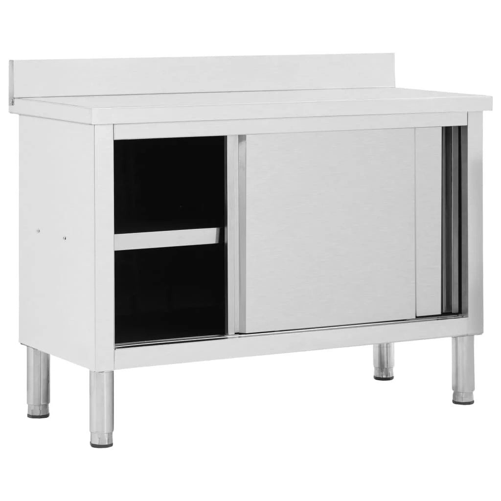 Tavolo da lavoro con ante scorrevoli mobiletto da cucina mobiletto per ristoranti/hotel/mense 120 x 50 x (95-97) cm acciaio inox 02_0001899