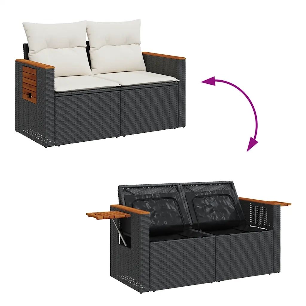 Set Divano da Giardino 6 pz con Cuscini Nero Polyrattan Acacia