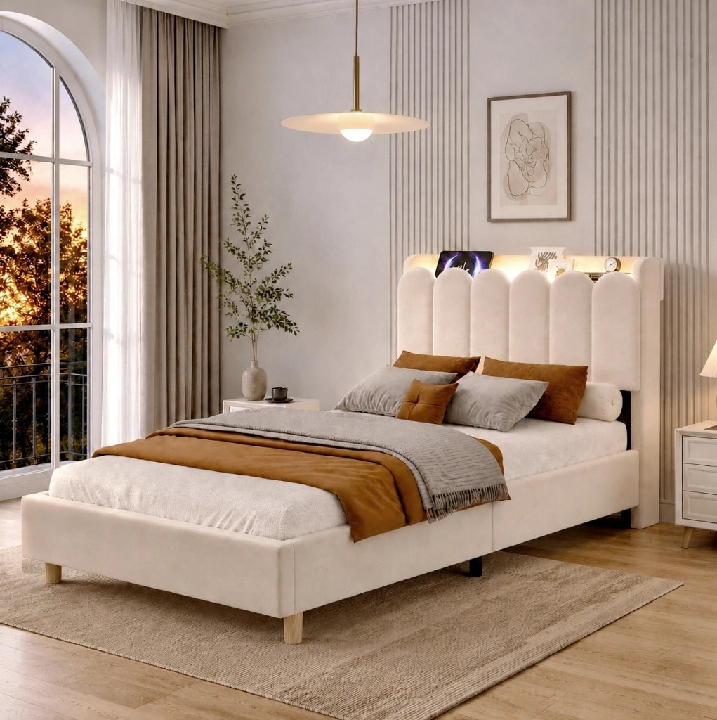 Letto singolo imbottito 90x200 cm con rete; testiera con luce notturna e porte USB Tipo C; beige