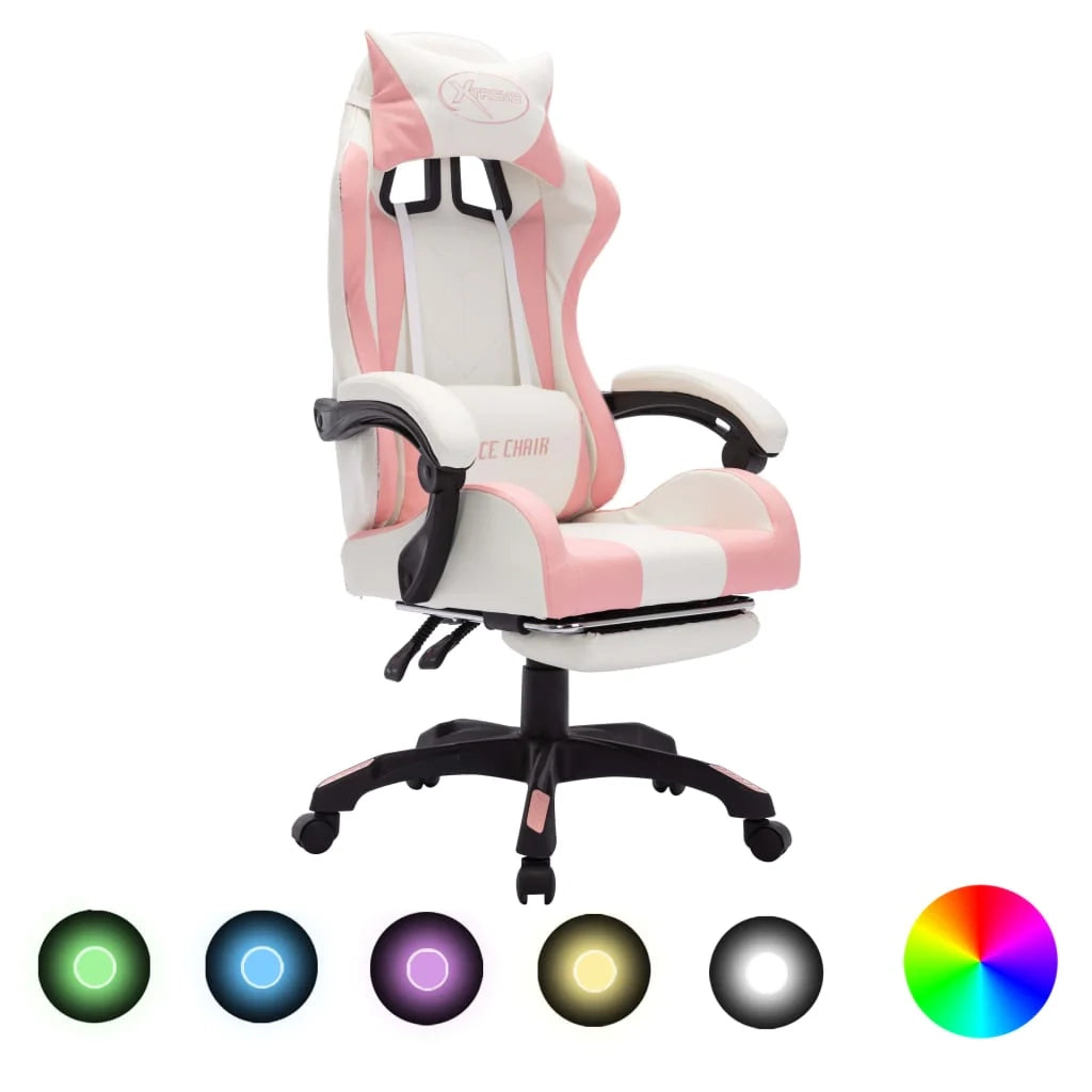 Sedia girevole da ufficio/studio per computer e videogiochi con illuminazione LED RGB rosa e similpelle rosa 02_0024211
