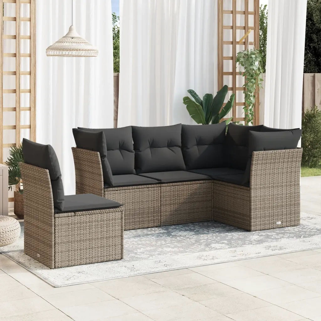 Set Divano da Giardino 5 pz | Set Salotto da Giardino con Cuscini Grigio in Polyrattan