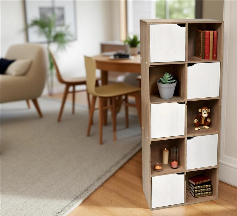 LIBRERIA CUBICA IN LEGNO COLORE LEGNO LEGGERO E BIANCO CON CASSETTI A FORMA DI CUBO APRIBILI 60X30X153H CM