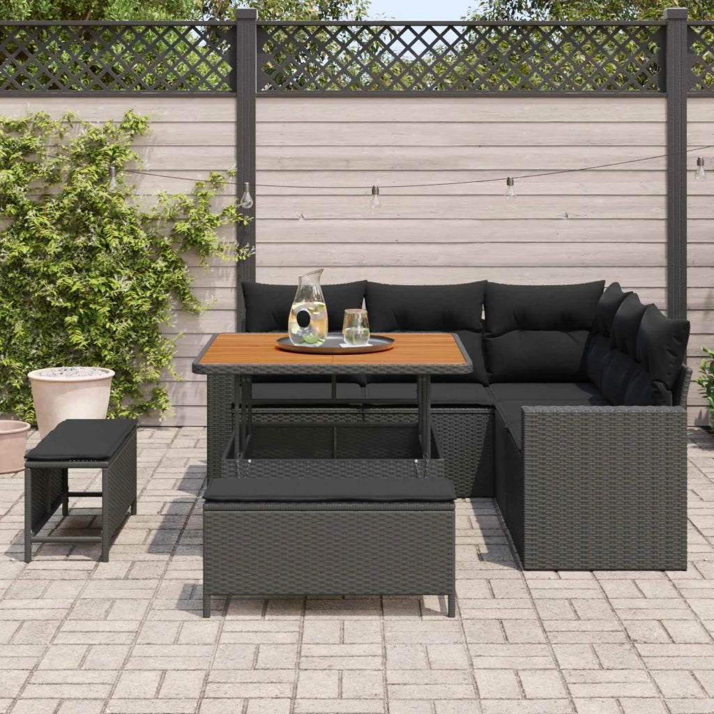 Set Divano da Giardino con cuscino 9 pcs Nero polyrattan