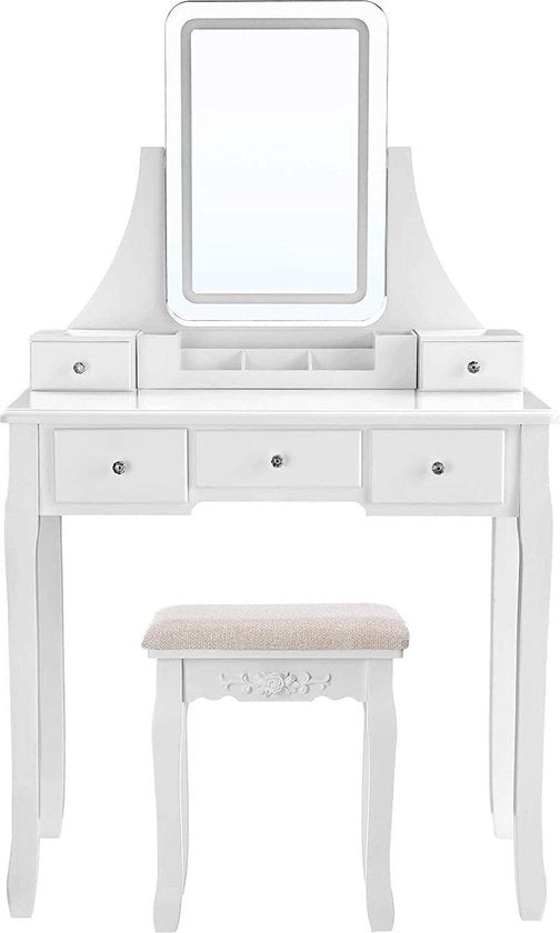 Tavolo per il trucco con illuminazione LED - 5 prese - con sgabello - 80 x 40 x 137,5 cm (l x b x h)