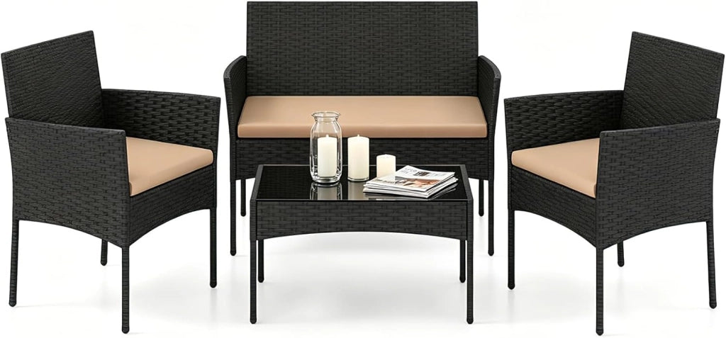 Salotto da Giardino 4 Pezzi, Set da Esterno in Rattan con 1 Divano 2 Posti, 2 Poltrone, 1 Tavolino in Vetro Temperato, Set Mobili da Giardino con Cuscini per Balcone, Terrazzo (Nero)