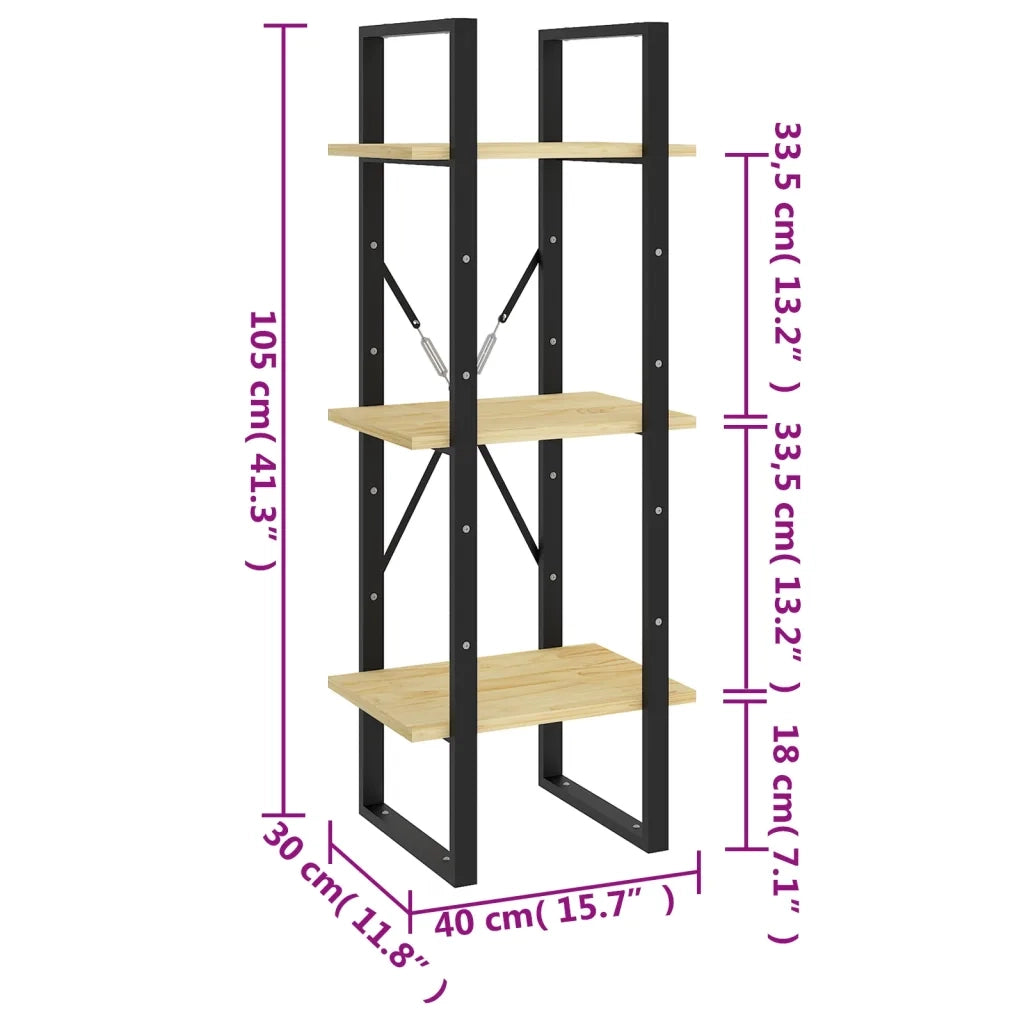 Libreria a 3 Ripiani-Scaffale per Libri-Mobile di Stoccaggio 40x30x105 cm in Legno Massello di Pino