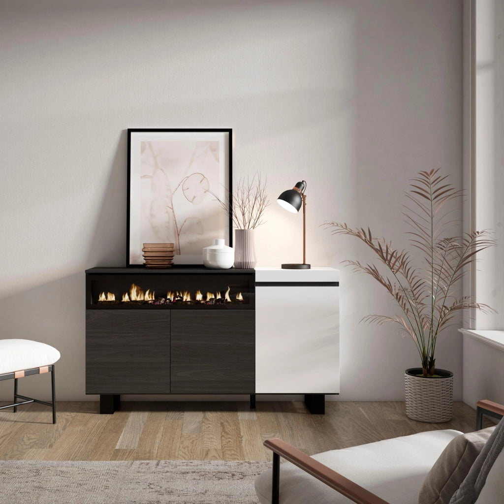 Credenza, Mobile, 150x35x87cm, 3 Porte, Camino elettrico, Design industriale, Bianco e nero RF2503