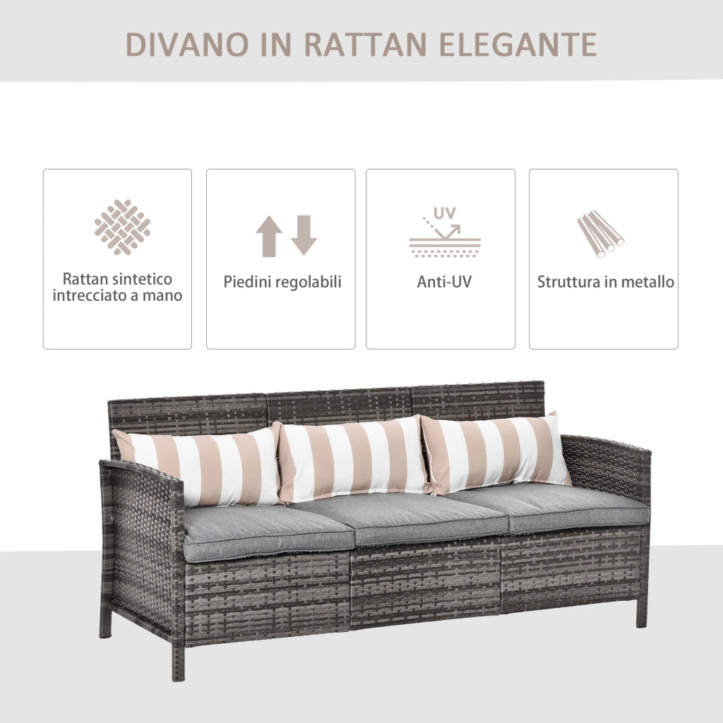 Divano da Giardino 3 Posti in Rattan ¨C zephmum ¨C Grigio, Cuscini Sfoderabili, 173x68x78 cm