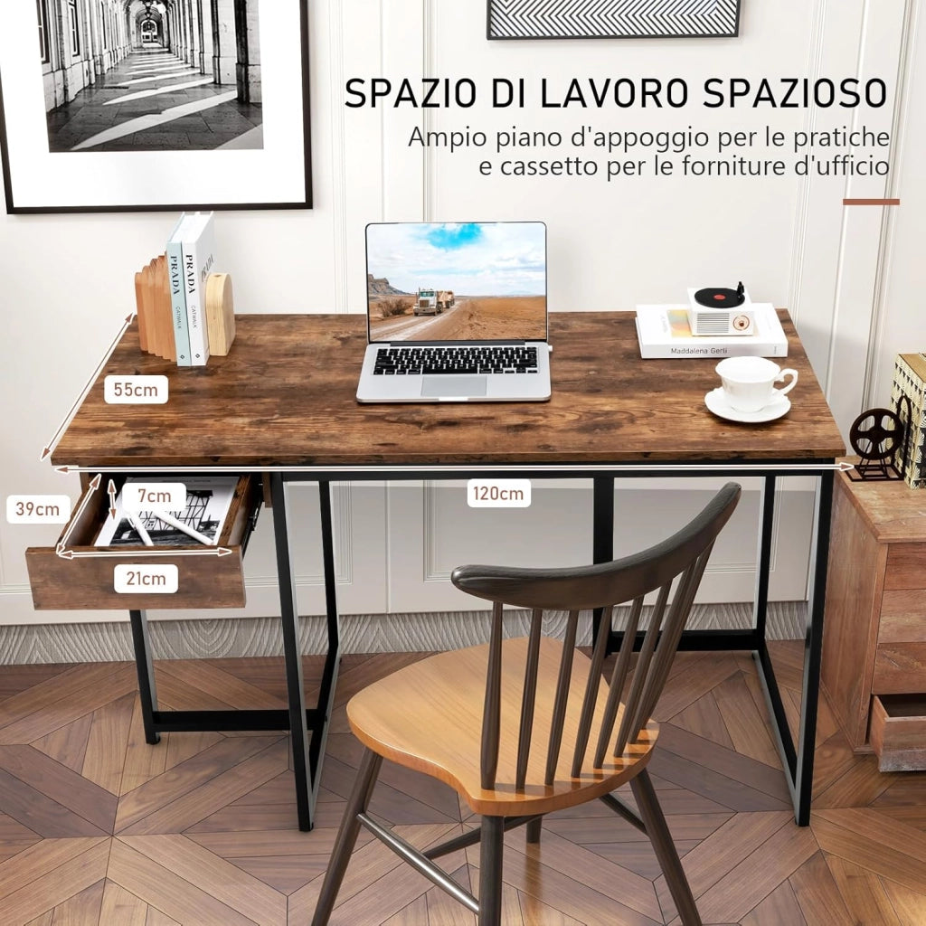 Scrivania per Computer con Cassetto, Scrivania per Ufficio con Struttura in Metallo, Ampio Piano 120 x 55 cm e Piedini Regolabili, 120 x 55 x 75 cm (Marrone Rustico)