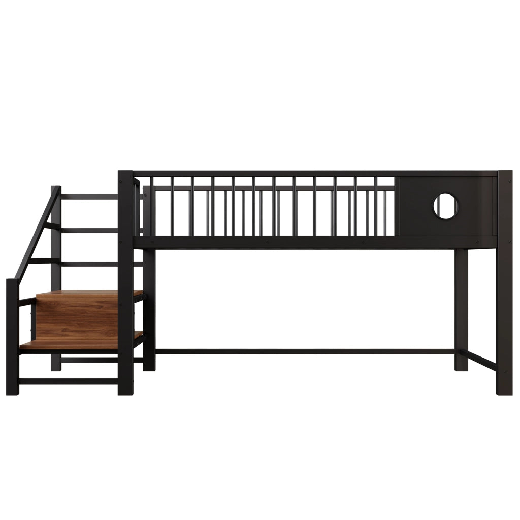 Letto a soppalco basso per bambini 90 × 200 cm con scala contenitore, struttura in metallo, senza materasso, nero