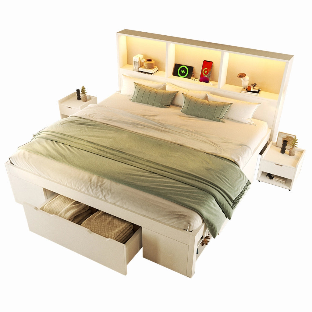 Letto matrimoniale 140x190 cm bianco con comodini mobili, LED, USB-C e cassetto