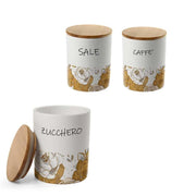 TRIS ROSE TONDO SALE, ZUCCHERO E CAFFÈ IN CERAMICA CON TAPPO IN LEGNO 10X13 CM