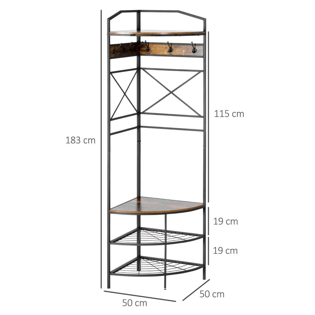 Appendiabiti da Terra Angolare con Panca e Scarpiera in Stile Industriale, 50x50x183cm, Marrone