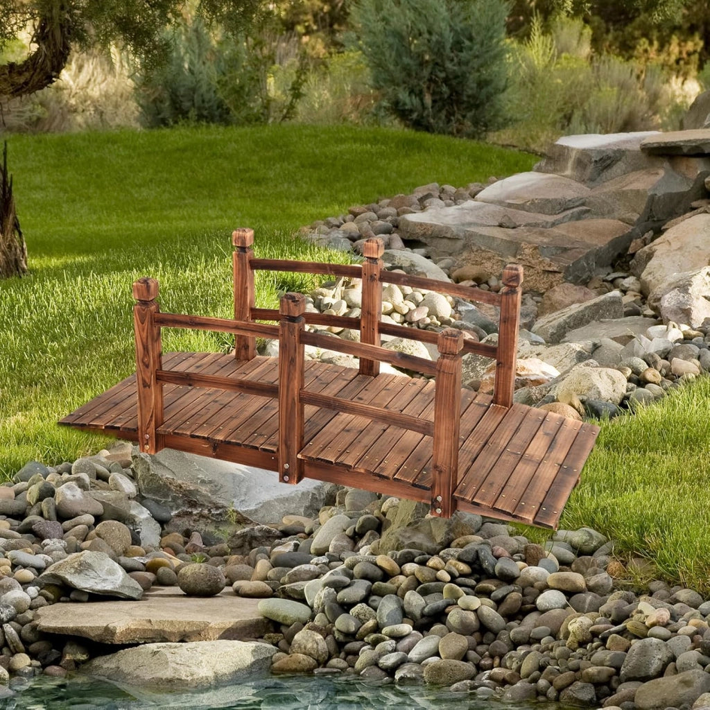 Ponte da Giardino in Legno di Abete Carbonizzato con Ringhiere, Ponticello Calpestabile per Giardino e Stagno Portata 100 kg, 150 x 67 x 55 cm, Marrone