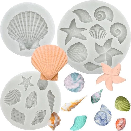 Bakvorme a tre pezzi in silicone con tema oceano Adatto per fudge: conchiglie, scaglie di conchiglia, stelle di mare e corallo. Adatto per il decoro personalizzato di torte, cioccolato e caramelle.
