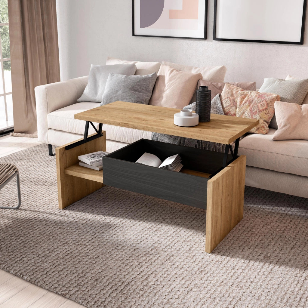 Tavolino Sollevabile Basso, 110x45x50cm, Tavolino da Caffè, colore Rovere e nero RF3696
