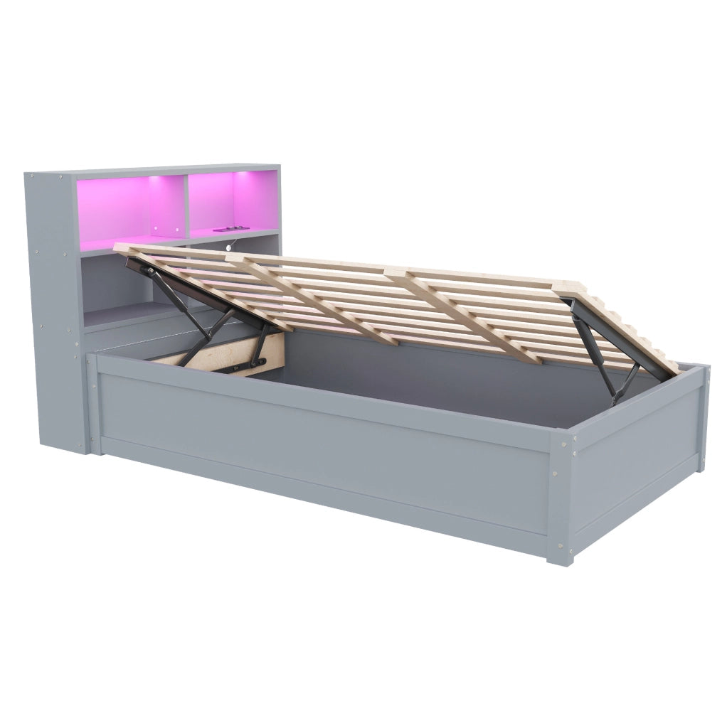 Letto multifunzionale 90x200 cm con LED, prese integrate e vani in grigio