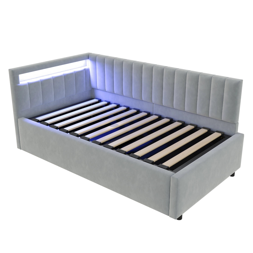 OKWISH Letto Divano 90×200 cm, Letto Singolo con LED Regolabile, Vano Contenitore Idraulico e Testiera Reversibile, senza Materasso, Grigio