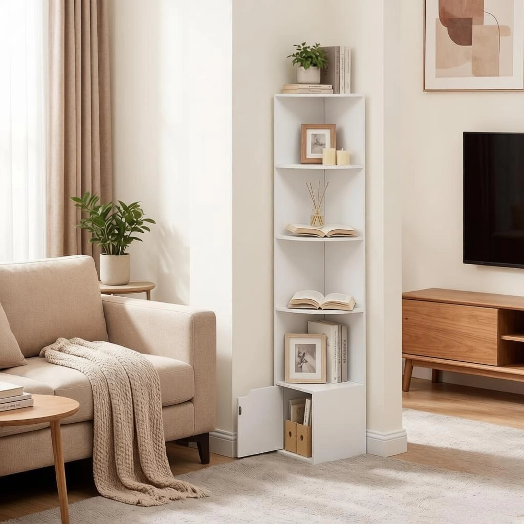 Libreria angolare con 5 ripiani aperti e 1 anta; per studio; 29.5×157.5×29.5 cm; bianca