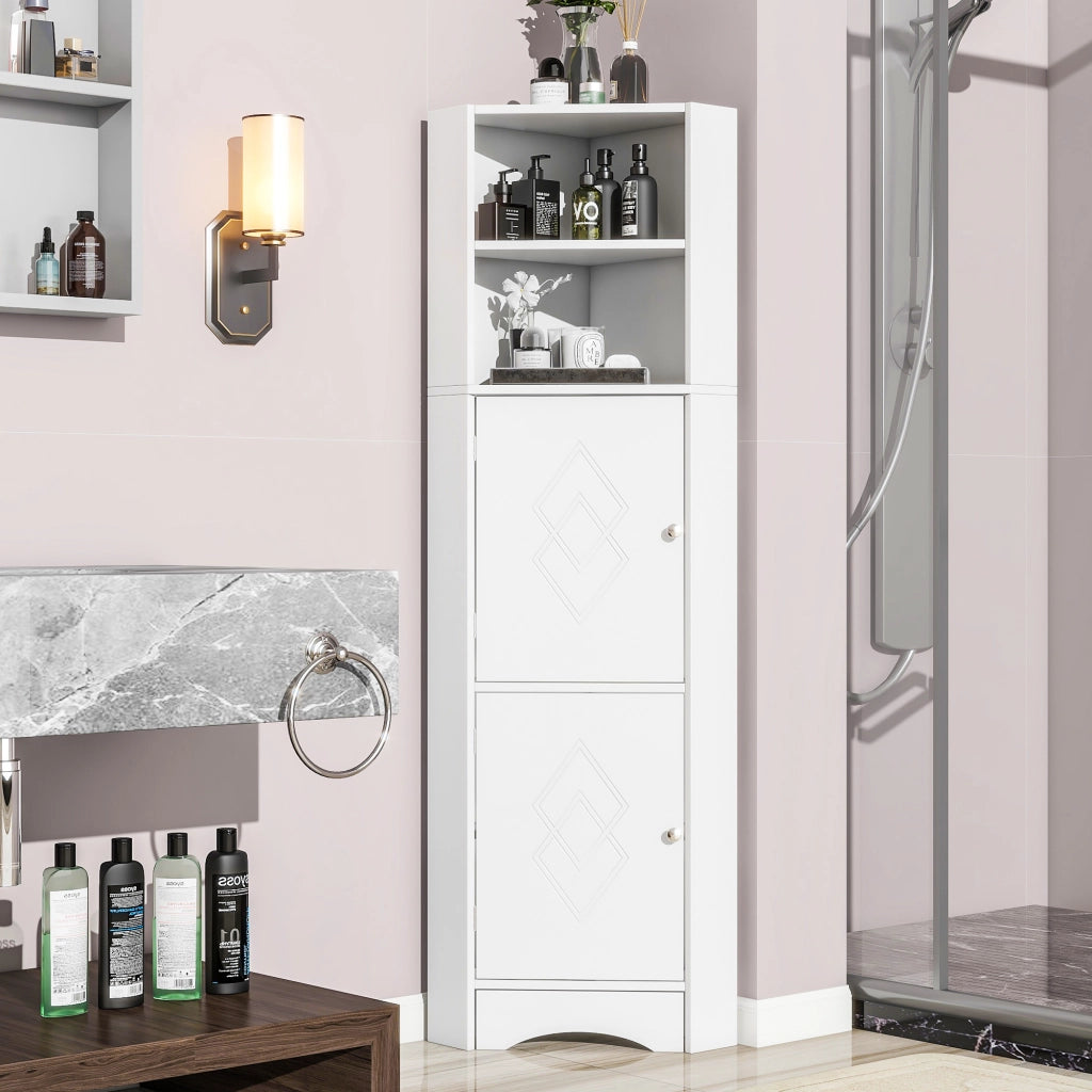 Mobile da bagno angolare con vani aperti e ante decorate; 155 cm; bianco