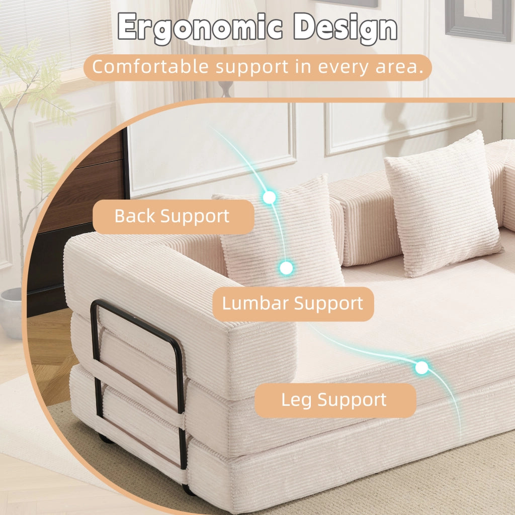 Divano letto pieghevole da pavimento con schienale e braccioli in velluto a coste bianco 185 × 92,5 × 60 cm