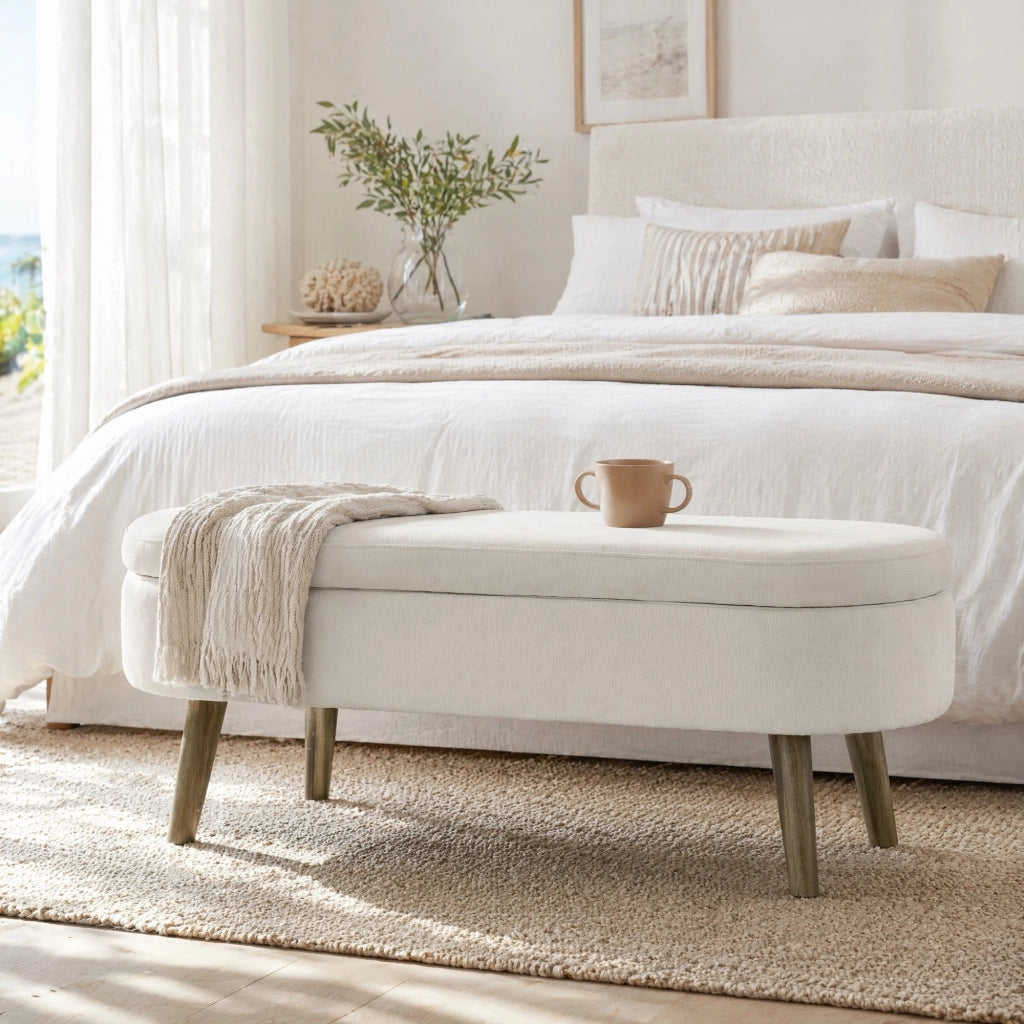 Panca contenitore ovale - con seduta imbottita e vano portaoggetti - in chenille beige